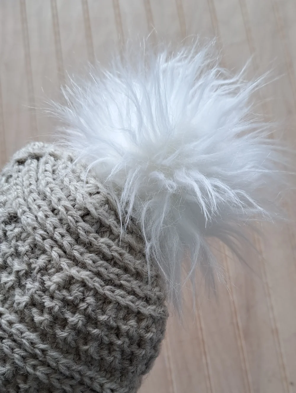 Wool Blend Knit Beanie Hat Faux Fur Pom Pom Winter Cozy Neutral Tan Girls